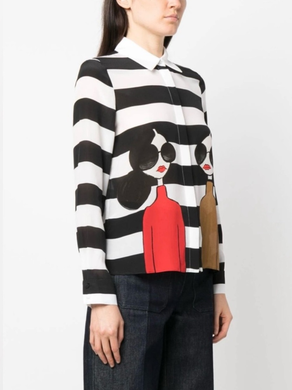 Alice + Olivia Black White Willa Stace Face Silk Blouse Shirt Small